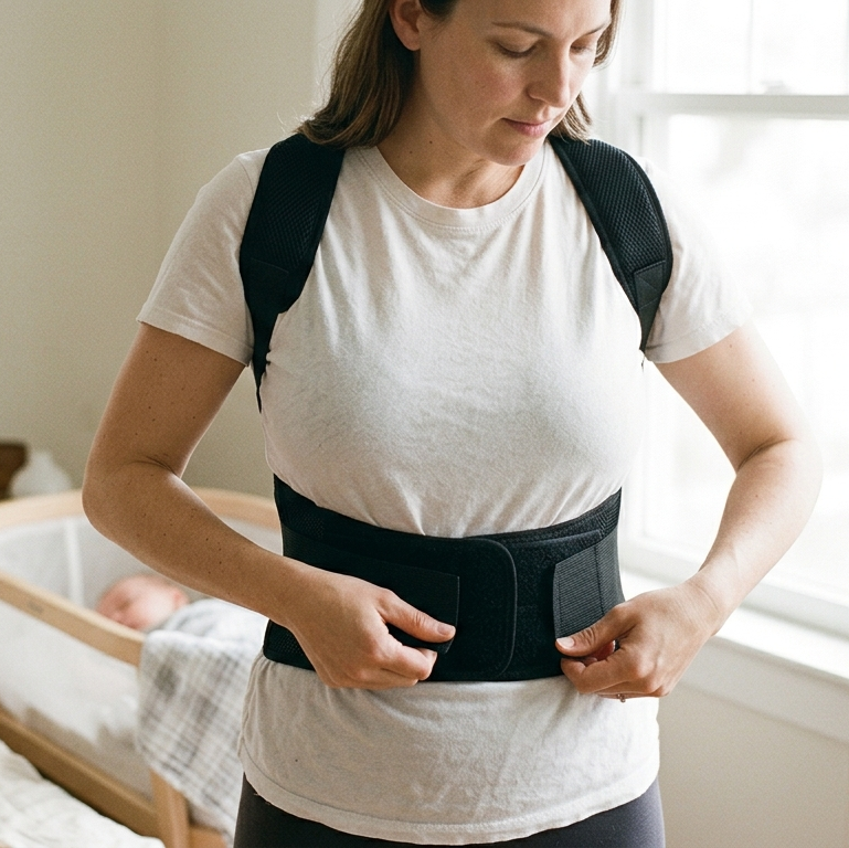 Woman wearing a back brace in a bedroom setting
