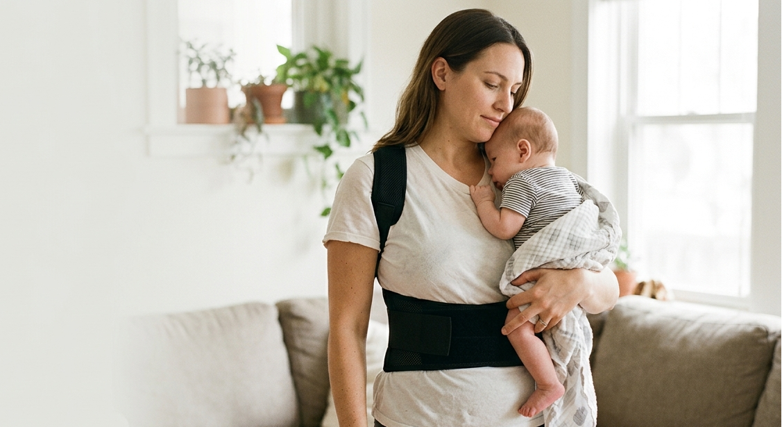 Woman holding a baby in a sling in a bright living room.
