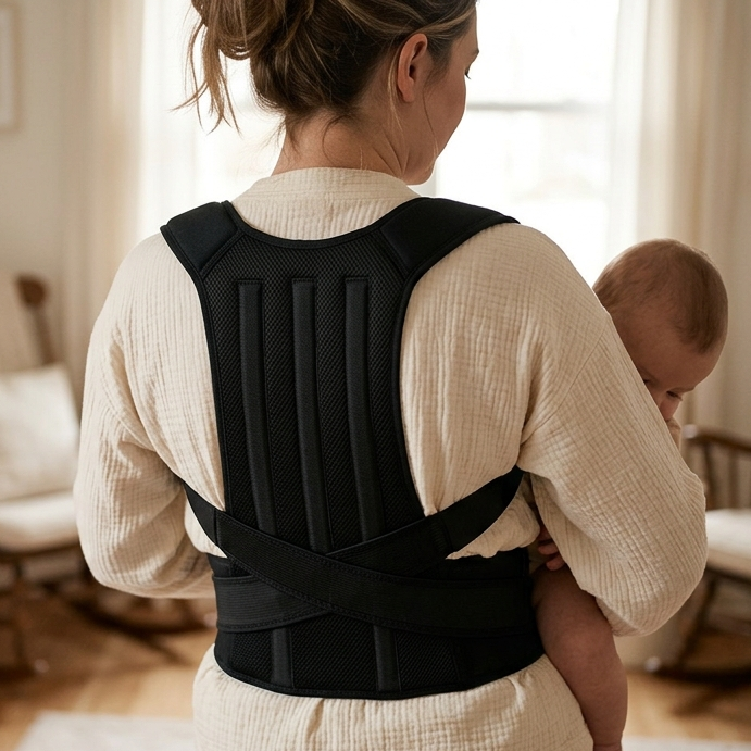 Woman wearing a back brace holding a baby in a home setting.