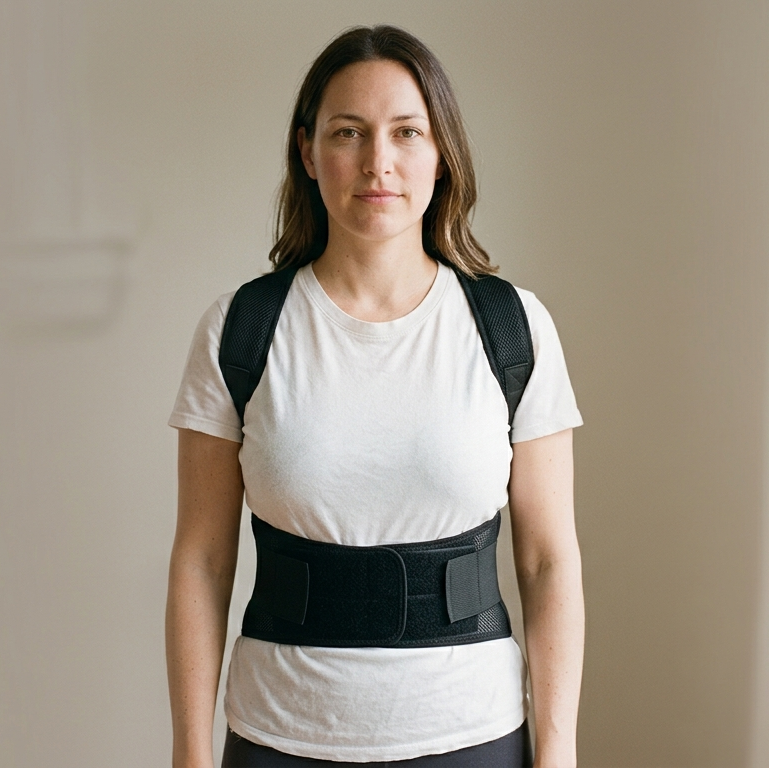 Woman wearing a black posture corrector against a neutral background