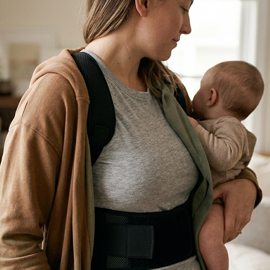 Woman holding a baby in a sling in a cozy living room.